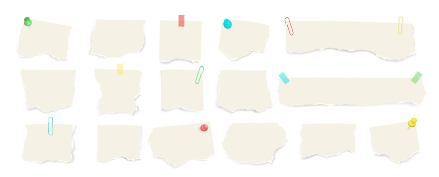 Paper notes with adhesive tape, push pins, and clips. Vector template with blank sheets, sticky notes, and ripped paper pieces for stationery, reminders, or collage design.