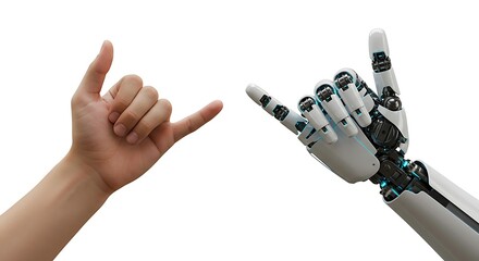 A human hand and a robotic arm making the shaka sign gesture against a white background.