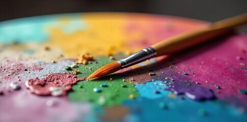Fototapeta premium Artists Paintbrush on Vibrant Palette Ready for Painting in Soft Natural Light