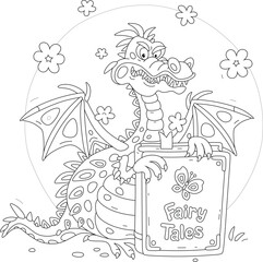 Mythical fire-breathing dragon with a big book of fairy tales, black and white vector cartoon illustration for a coloring book
