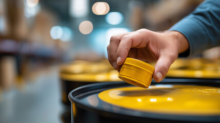 Hand placing tamper seal on drum lid labels aligned warehouse racks defocused compliance seal hazardous goods packaging standards safety procedure logistics documentation