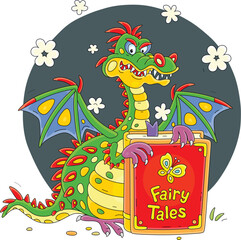Mythical fire-breathing dragon with a big book of fairy tales, color and black-and-white vector cartoon illustrations