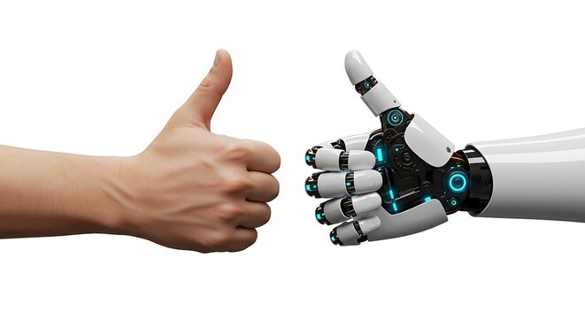 A human hand and a futuristic robot arm showing a thumbs up sign of approval on a white background.