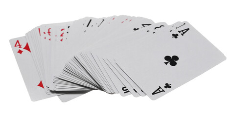 deck of cards for poker and gambling flying, isolated on white, clipping path