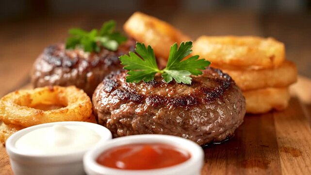 Delicious Grilled Burgers with Sides - This close-up video showcases two juicy grilled burgers garnished with fresh parsley, accompanied by crispy onion rings and condiments including ketchup and