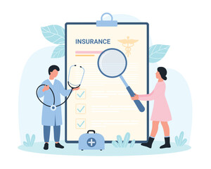 Obraz na płótnie Canvas Medical insurance document vector illustration. Cartoon tiny people with stethoscope and magnifying glass check benefit of paper insurance form on clipboard, insure health and life of patient