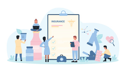 Health insurance vector illustration. Cartoon tiny people check healthcare policy document on clipboard to protect family life, record list of urgent medical care and help for patient in clinic form