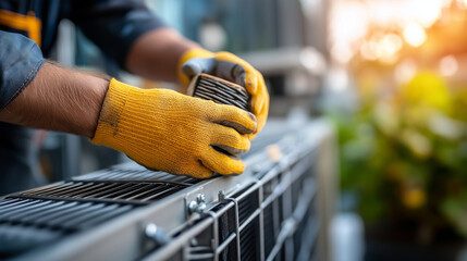 Gloved hands replacing filter cartridge on HVAC unit panel screws visible plant room defocused facility maintenance air filter preventive care building systems technical