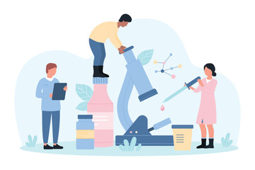 Scientific medical clinical research, analysis in laboratory for pharmacology vector illustration. Cartoon tiny people looking at lab microscope to study sample from pipette, scientists analyze tests