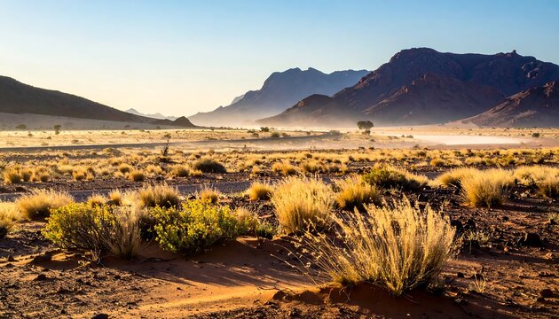 Desert landscape at dawn.  Sparse vegetation, dry, hazy light