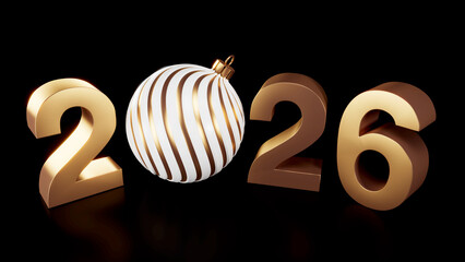 Golden and Bronze 3D Numbers 2026 with a White and Gold Striped Christmas Ball Replacing the Zero on a Black Background