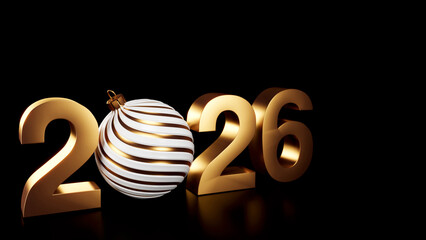Golden 3D Numbers 2026 with a White and Gold Striped Christmas Ornament Replacing the Zero, Isolated on a Black Background