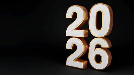 Stacked Year 2026 in White and Gold on a Dark Black Background