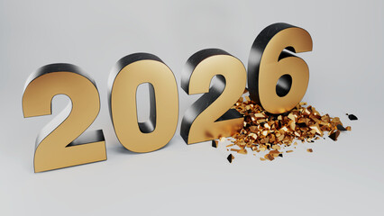 Gold and Black 3D Text 2026 With the Last Number Five Breaking into Golden Shards, Symbolizing the End of the Year 2025