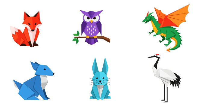Origami animals collection featuring fox owl dragon dog rabbit and crane.