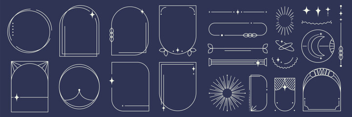 Set of minimal oval boho frame with line arch border and abstract shape. Yoga aesthetic design. Vintage geometric element set with mystic star sparkle, sun.