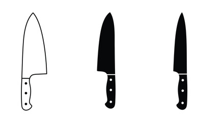Three kitchen knives in black and white simple line art illustration