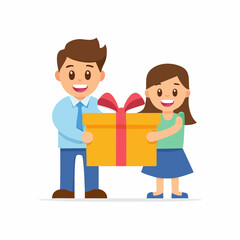 Obraz premium Cartoon illustration of a father and daughter holding a yellow gift box with a red ribbon.