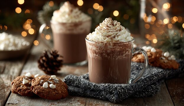 A cozy scene of hot cocoa with whipped cream and cookies on the side, set against a rustic wooden table adorned for christmas. the background is softly blurred to highlight these warm drinks.