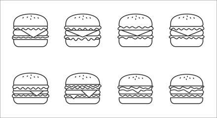 Minimalist line art illustrations of various hamburger designs are displayed