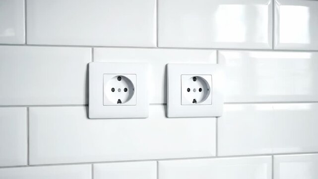 Modern Electrical Outlets on White Tile Wall - This video showcases two modern electrical outlets mounted on a sleek, white tiled wall.