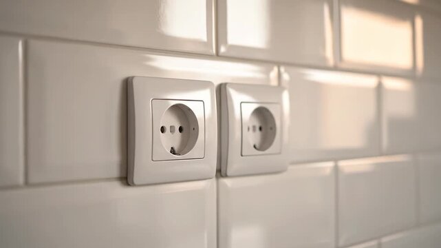 Modern Electrical Wall Outlets - This video showcases two modern electrical wall outlets mounted on a glossy tiled wall.