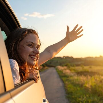 Happy young woman with arm extended out car window