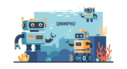 Robots interacting in a futuristic digital environment with advanced technology.