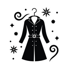 Luxurious trench coat hanging on hanger black silhouette vector art illustration