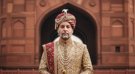 Obraz premium indian, man, traditional, attire, sherwani, turban, 