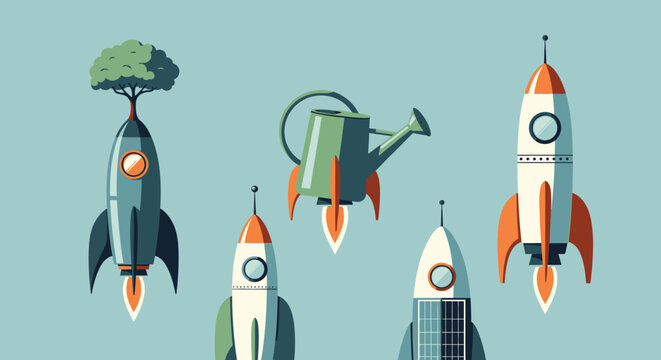 Set of five conceptual rockets for environmental innovation and sustainability.