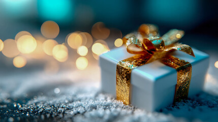 Elegant Christmas gift box wrapped in golden ribbon resting on snow with sparkling lights