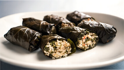 Stuffed grape leaves filled with rice and herbs on white plate  