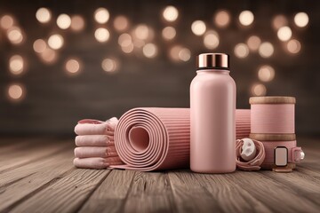 Pink fitness essentials for a mindful workout on a rustic wooden floor with bokeh lights.