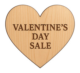Wooden heart-shaped sticker with VALENTINE'S DAY SALE text in bold, attractive retail discount offer on transparent background.