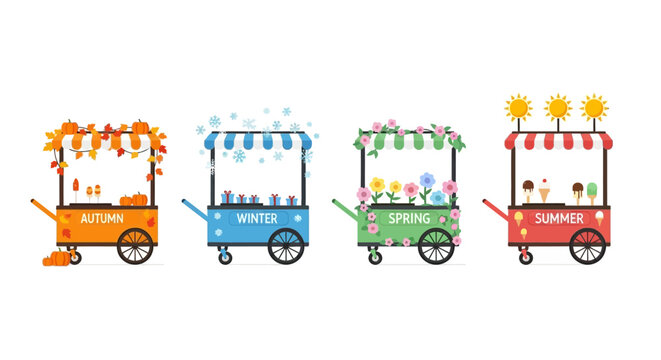 Set of four seasonal street food vendor carts illustration.