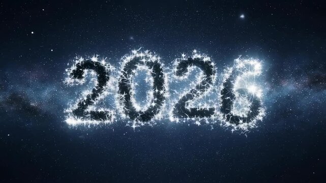 Sparkling 2026 celebration, year 2026 shown in glittering lights against a dark, cosmic background. Year 2026 imagery evokes anticipation and a sense of wonder,