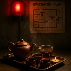 Tea Set with Emergency Light and Evacuation Plan in Low Light
