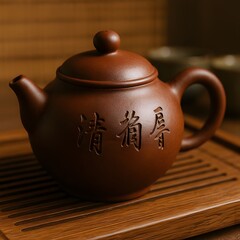 Traditional Chinese Teapot on Bamboo Tray for Tea Ceremony