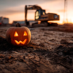 A glowing Halloween pumpkin sits on dusty sand at a construction site during sunset—blending festive warmth with gritty industrial textures.
