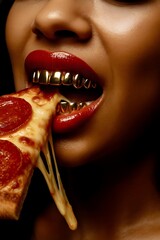 Close-up of Indian Woman Eating Slice of Pizza with Gold Teeth Grills