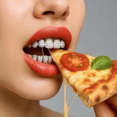 Close-up of Person Biting Pizza with Diamond Teeth Grills
