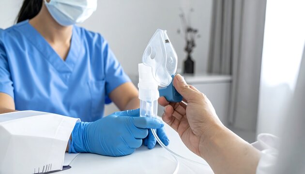 Healthcare professional assisting patient with nebulizer