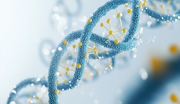 A detailed view of a DNA double helix with blue and yellow hues, illuminated against a blurred background