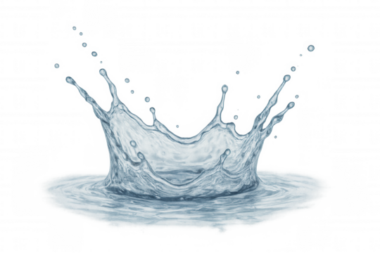 Water splash creating dynamic crown shape with droplets and ripples on transparent background