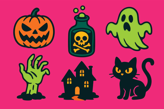 A set of 6 halloween colored line art icons featuring witch's glove on hand orange bottle with a skull logo on it resembling witch or ghost black house in the center green and gray animal silhouettes