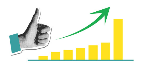 Modern collage hand giving a thumbs up on a rising bar chart. Halftone retro pop art style. Perfect for business success, growth, and achievement concepts.