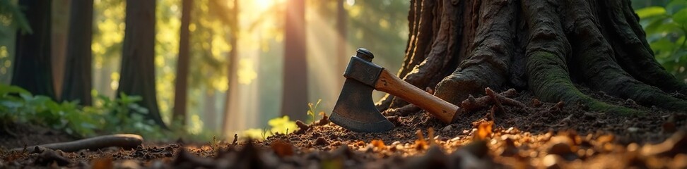 Lumberjacks Axe Leaning Against Redwood Tree in Sunlight Strength, Skill, and the Beauty of Forestry Work