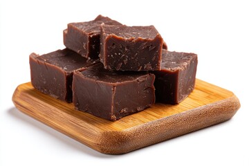 Delicious homemade fudge cubes, arranged on a small wooden serving board