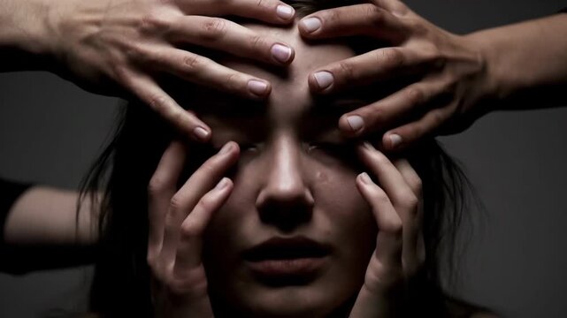 Woman's Face Covered by Hands - A close-up shot shows a woman's face partially obscured by multiple hands, one pair covering her forehead and another pair covering the lower half of her face.